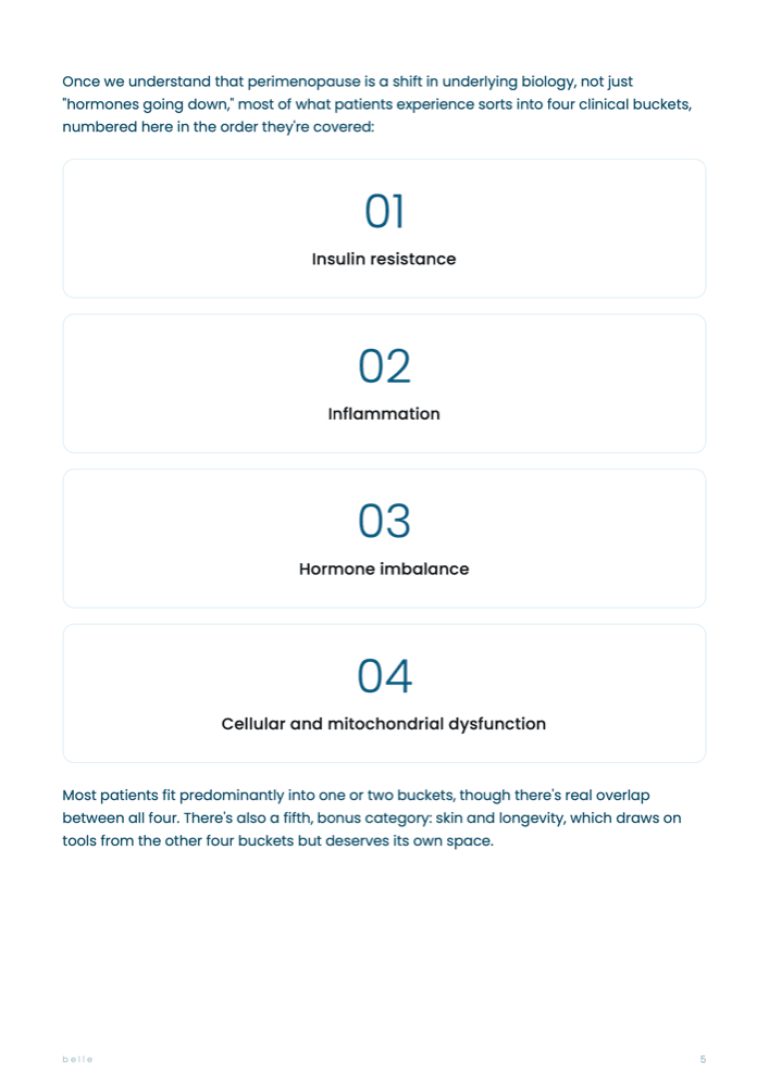 A sample page from the guide listing the four clinical buckets: insulin resistance, inflammation, hormone imbalance, and cellular and mitochondrial dysfunction