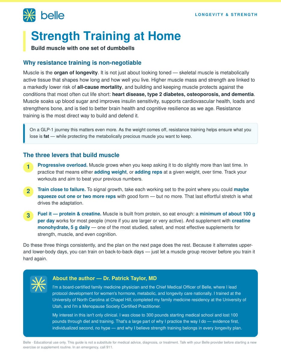First page of the strength training at home guide by Dr. Patrick Taylor, MD