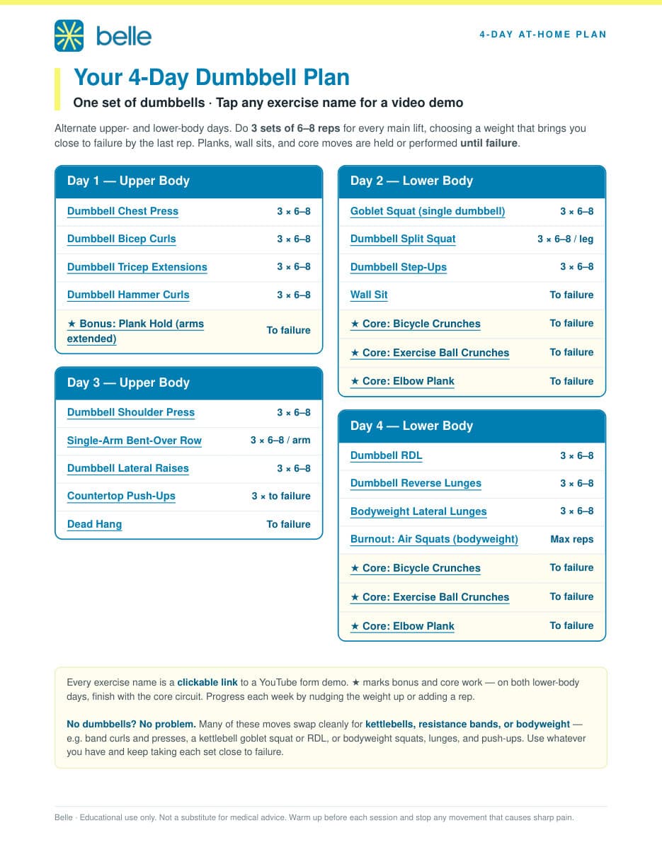 A sample page from the guide: the 4-day dumbbell plan, with sets and reps for every exercise